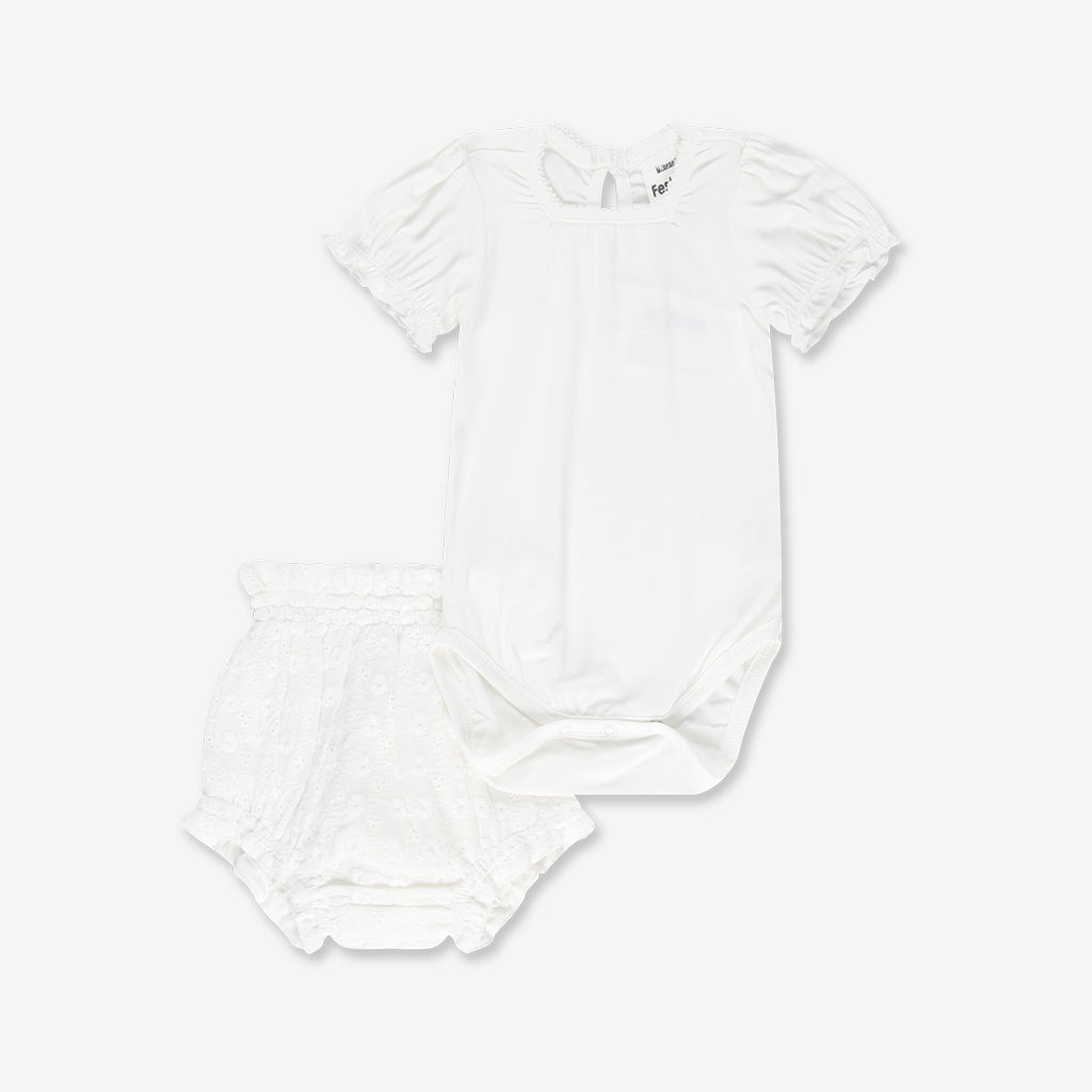 Puff Sleeves Bodysuit & Woven Pants Set H1