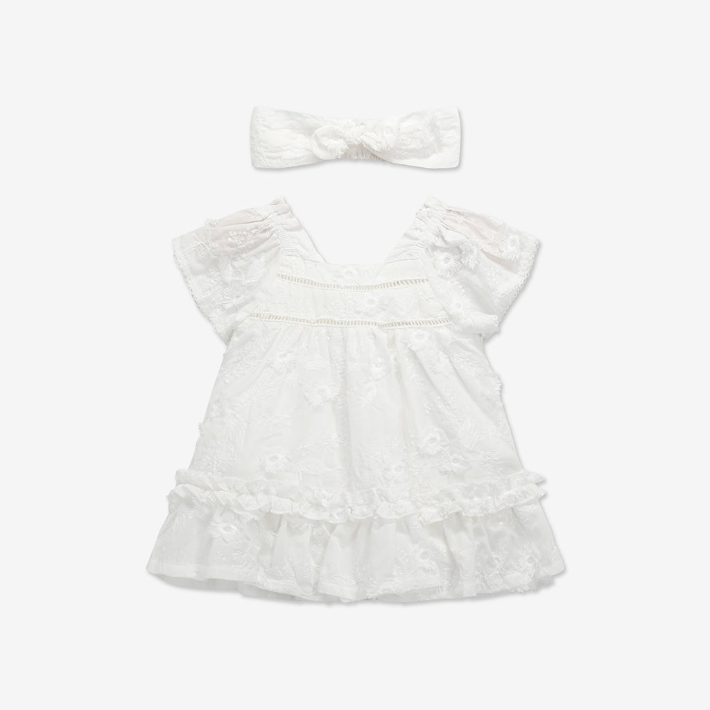 Embroidered Short Sleeve Dress & Bloomers Set + Headband H6