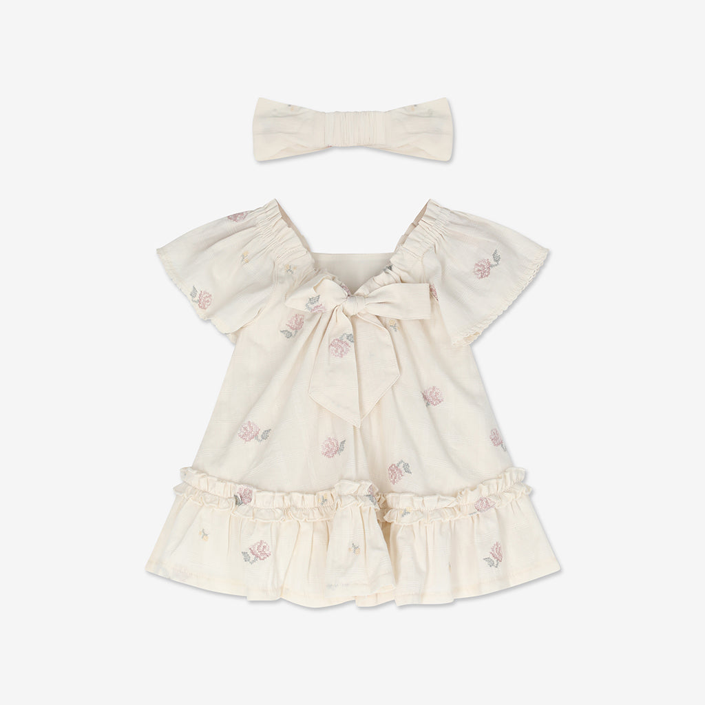 Embroidered Short Sleeve Dress & Bloomers Set + Headband H6