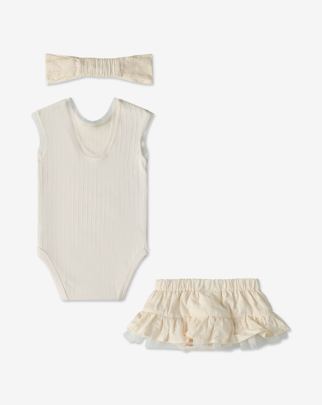 Ribbed Bodysuit & Embroidered Skrit Set + Headband H37