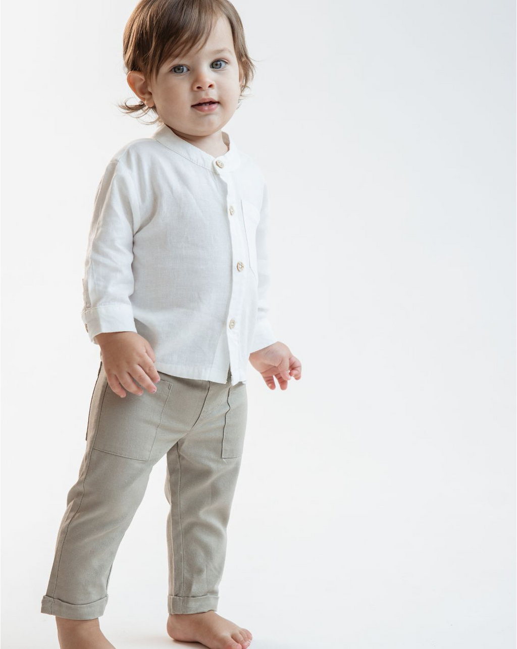 Buttoned Linen Shirt With Grandad Collar WB9